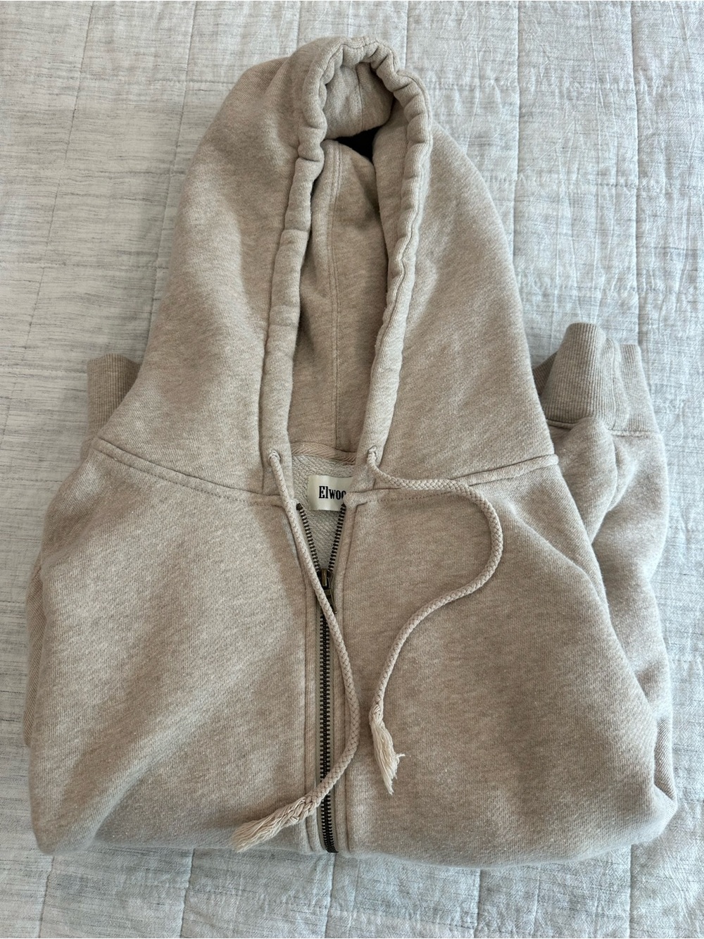 Neutral Light Taupe Full-Zip Hoodie with Drawstring Hood